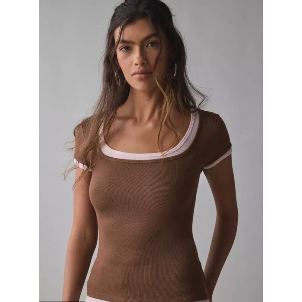 BDG Carmin Twofer Ribbed Top Small Brown Pink Y2K Layered Scoop Neck Tee